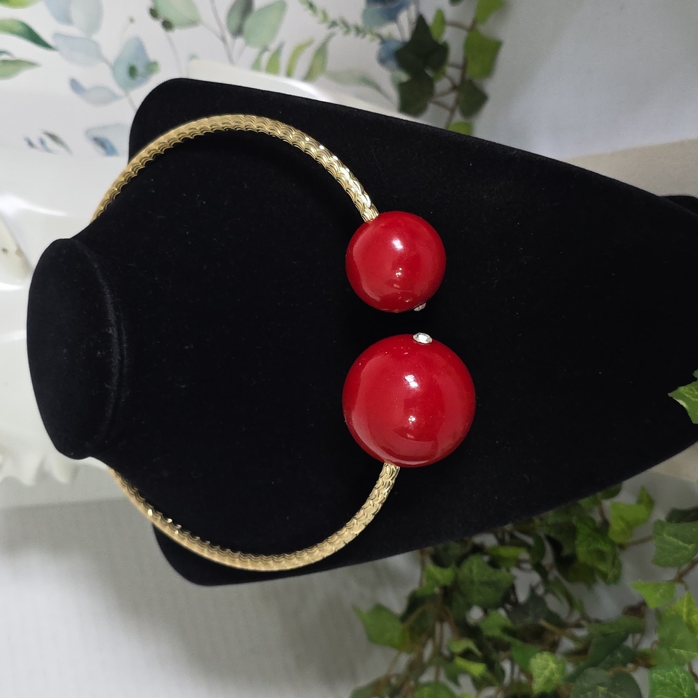 Statement Gold Flexible Choker Necklace with Large Red Spherical End Beads